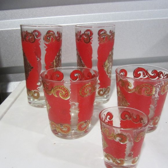 VTG SET OF 5 BAR GLASSES, ORNATE RED & GOLD DESIGN - Picture 2 of 6